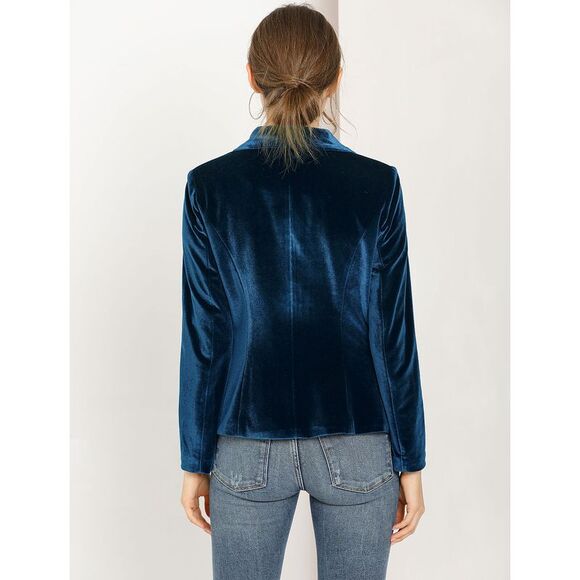 Women's Coat Solid Shawl Collar 1 Button Velvet Blazer Deep Blue - Picture 5 of 6